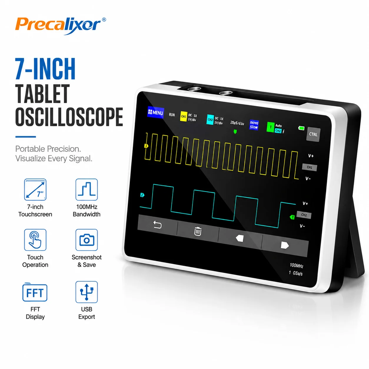 Handheld Tablet Oscilloscope Touchscreen 100Mhz - ออสซิลโลสโคปแบบแท็บเล็ตหน้าจอสัมผัส PR-1013D 100MHz, ออสซิลโลสโคปดิจิตอลแบบพกพา 1GSa/s 2CH