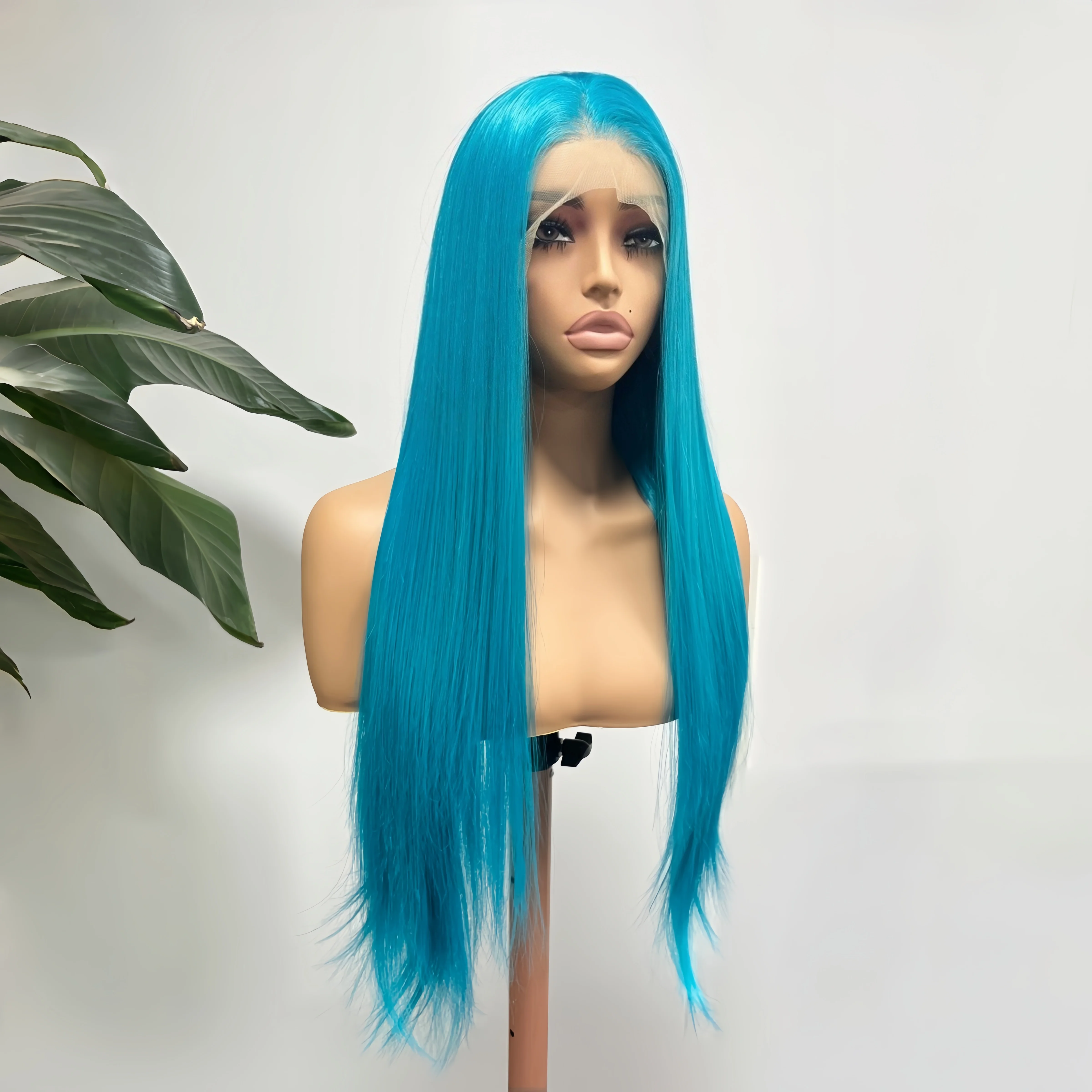 13X4 Lake Blue Long Straight Silky Synthetic Lace Front Wig Natural Hairline Turquoise Blue Colored Wig for Women Party Cosplay