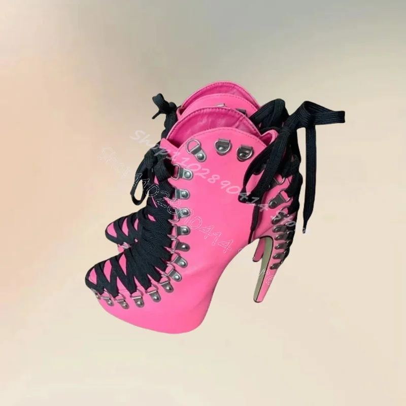 

Rose Red Metal Cross Tied Pointed Toe Ankle Boots Slip On Women Shoes Thin High Heels New Party Banquet 2025 Zapatos Para Mujere