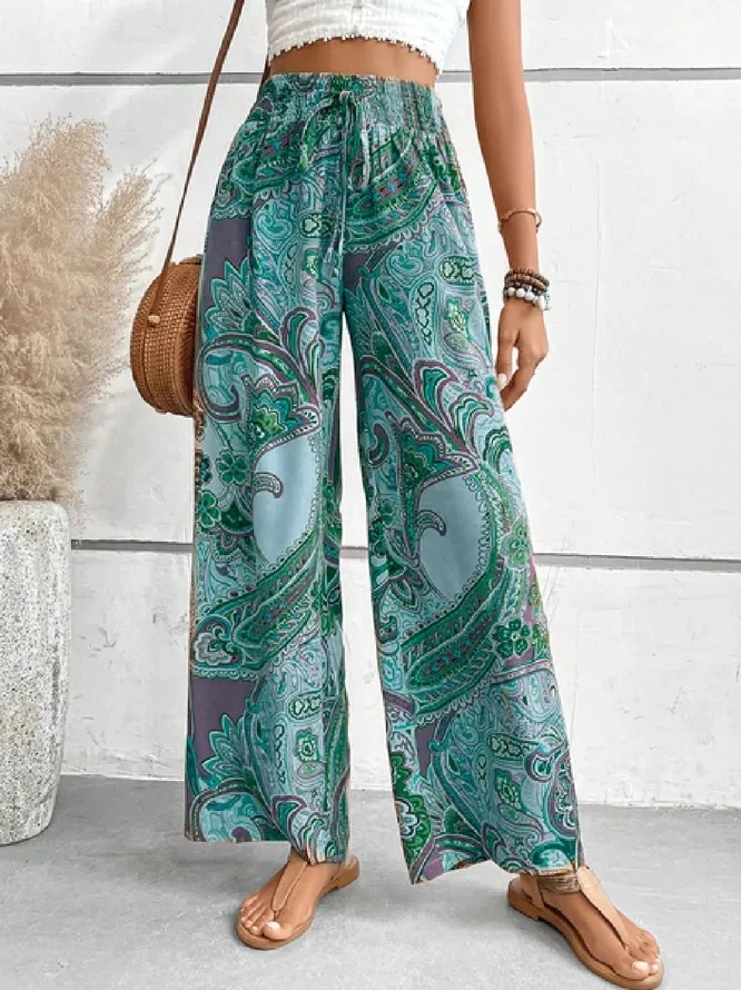 Printed Wide Leg Pants For Women Drawstring Leace-up Bohemian Style Loose Long Pant Lady Fashion Streetwear Casual Trousers New