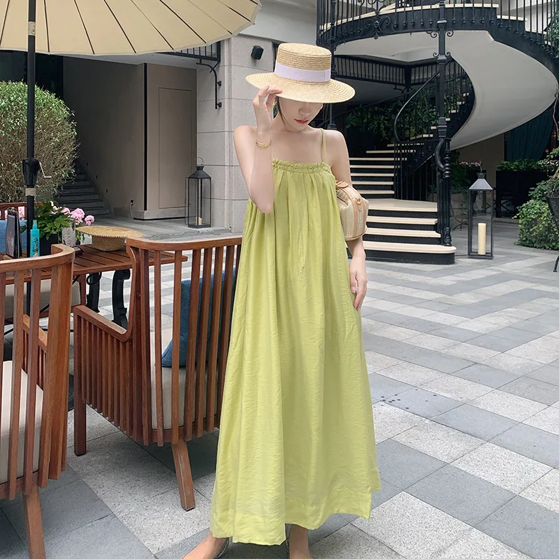 2025 Avocado Green Vacation Style Pleated Flat Mouth Double Thin Suspender Loose Fit Dress for Beach Vacation Long Skirt