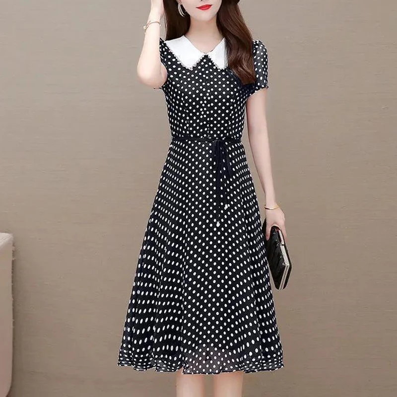 Summer New Doll Collar Short Sleeve Midi Dress Women High Street Casual Slim Dresses Polka Dot Printing Elegant Lacing Vestidos