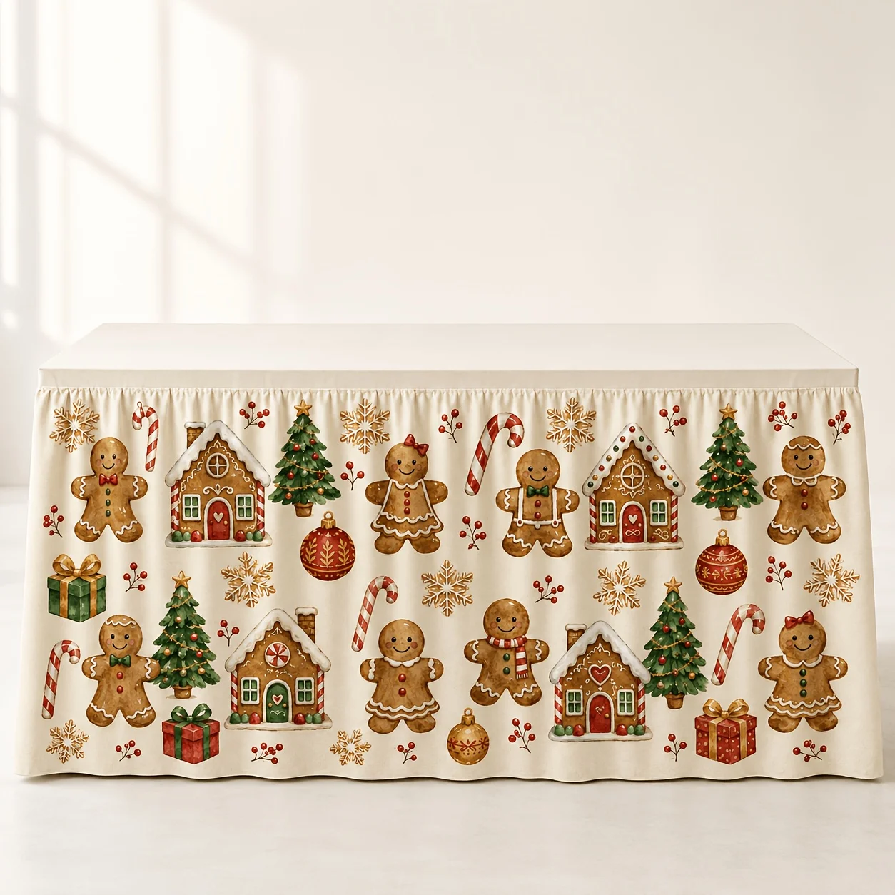 Christmas gingerbread man house candy bar pattern pie tablecloth, printed table skirt, Christmas holiday winter pie
