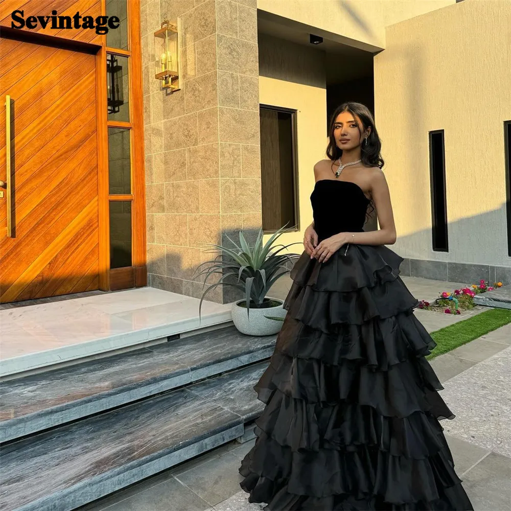 

Sevintage Elegant Black A-Line Prom Dress Satin Ruffles Strapless Tiered Floor Length Women Evening Dress vestido de gala 2024