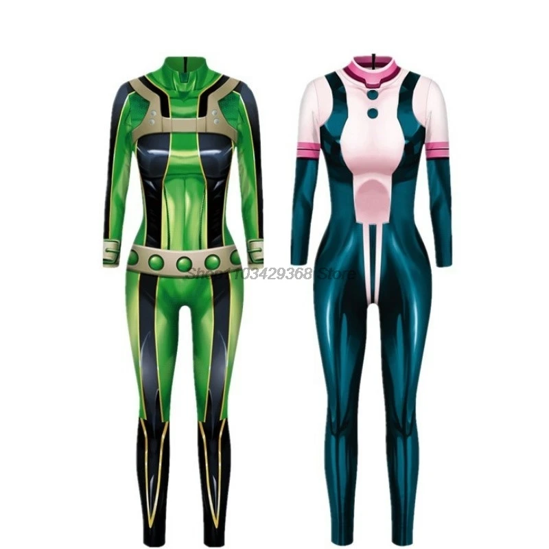 Anime My Hero Academia Ochaco Uraraka Asui Tsuyu Froppy Cosplay Costume Wig Tight Printing Jumpsuits Woman Sexy Carnival Suit