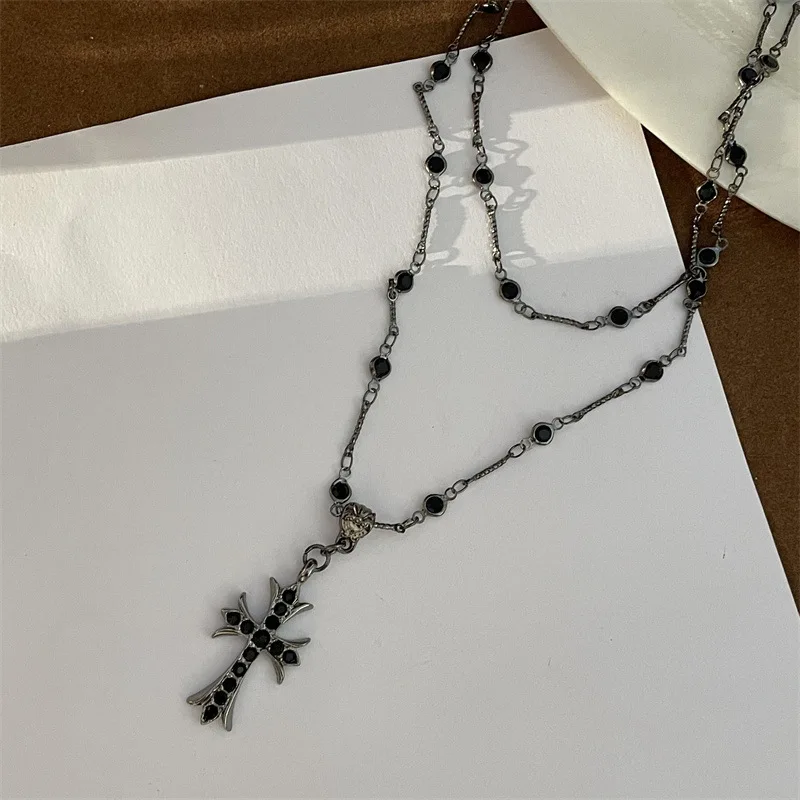 Summer Black Rhinestone Cross Jesus Pendant Choker Necklace for Women Punk Vintage Double Layers Chain 2024 Neck Boho Jewelry image 6