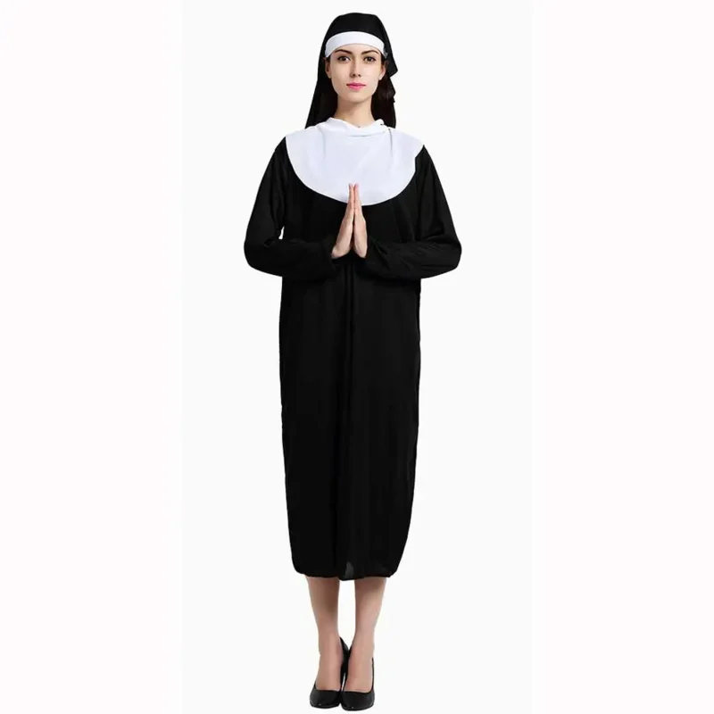 فستان تنكرية كلاسيكي للسيدات البالغات من Bear's Den أزياء الهالوين الراهبات عادة دينية مع حجاب راهبة أسود وحزام D جديد 2025