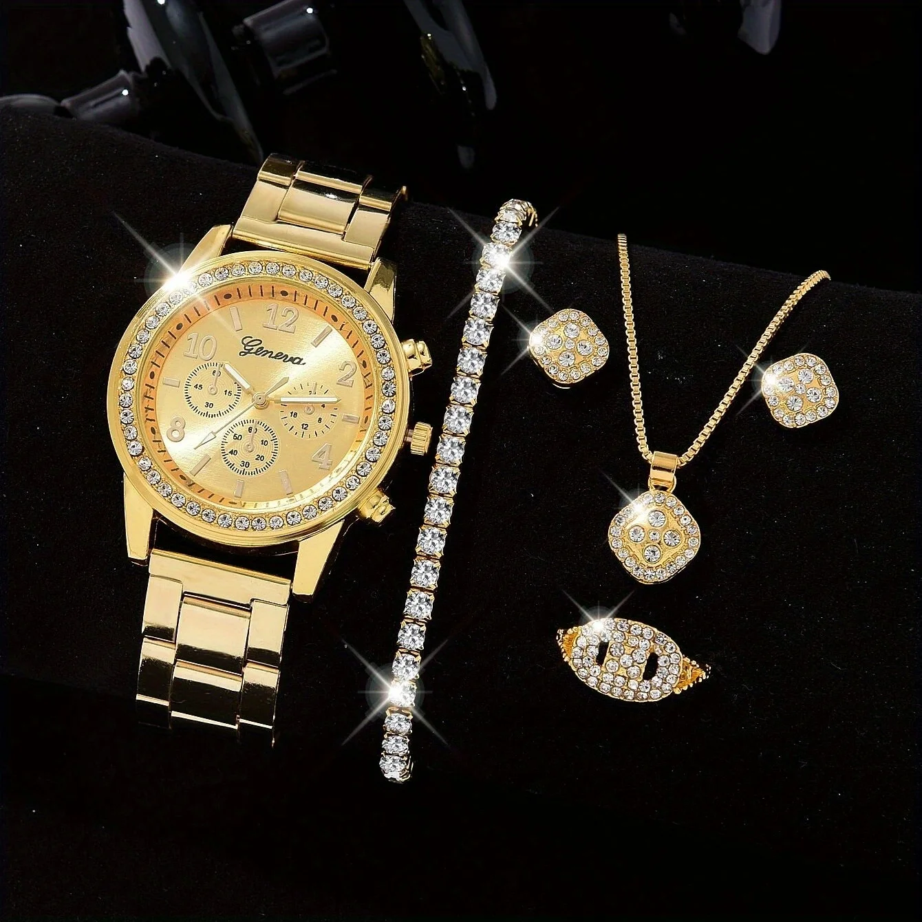 6pcs/set 1pc Golden Rhinestone Inlaid Round Quartz Watch + 5pcs Shiny Rhinestone Chain Bracelet Jewelry Set