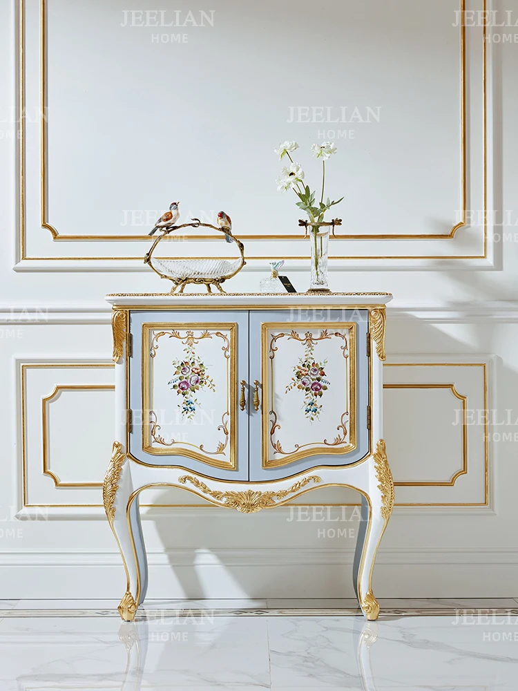 Luxury living room solid wood decorative cabinet in French style, exquisite and romantic hand drawn flower painting, gold foil