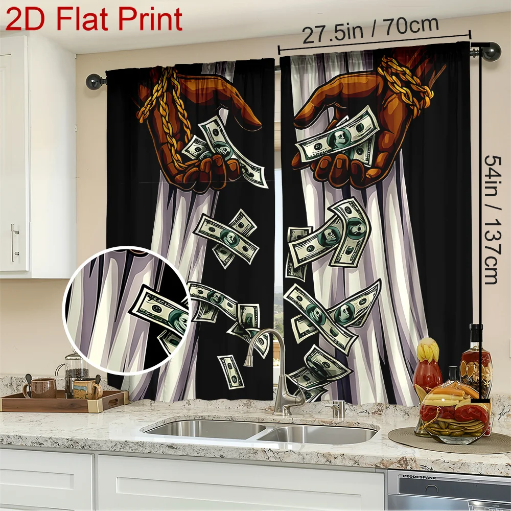 2pcs Money Hand Curtains Dollar Bill Print Blackout Drape Living Room Bedroom Window Treatment Home Decor