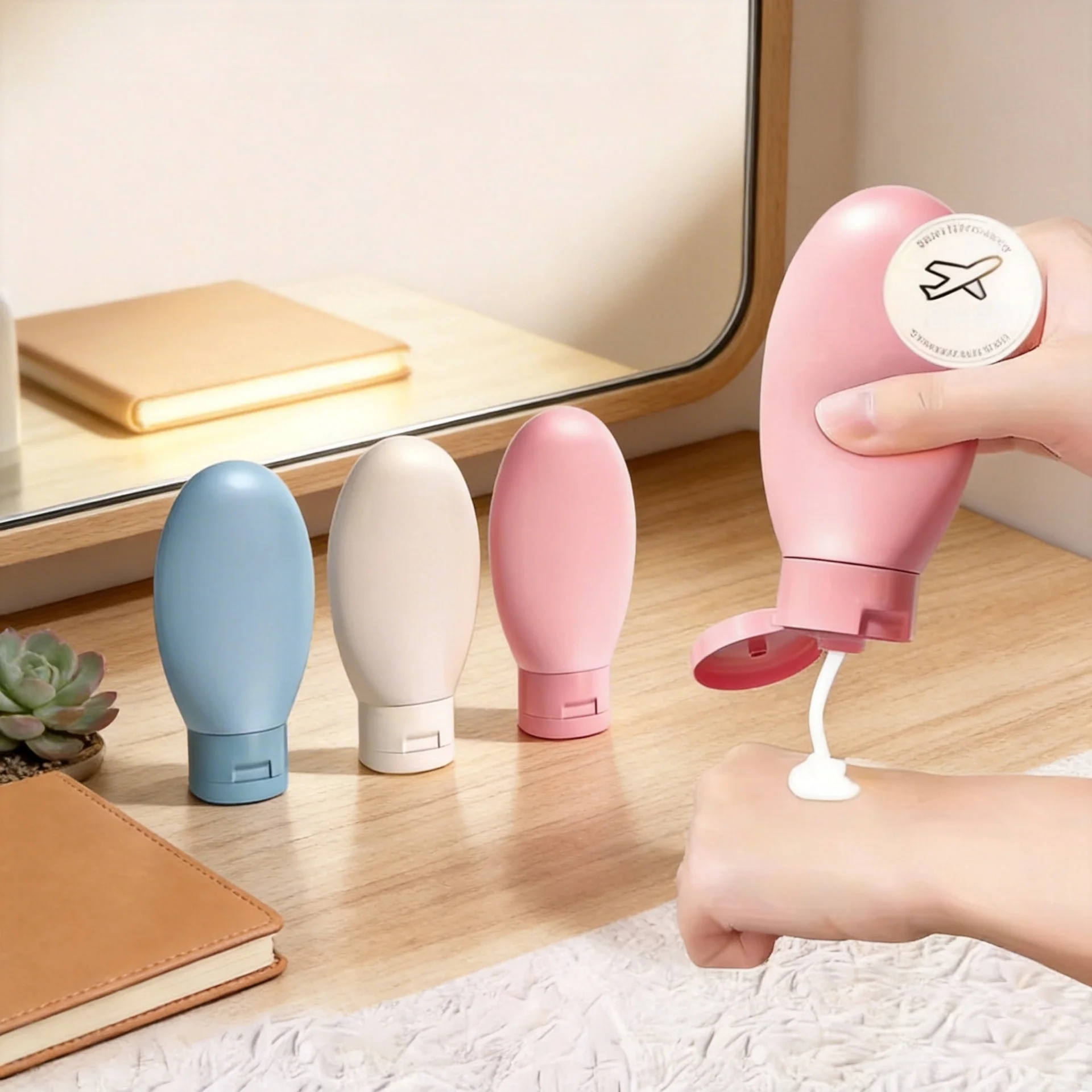Travel-sized travel-sized bottles of shampoo, shower gel, skincare, and makeup remover in small sample and empty bottle sets are