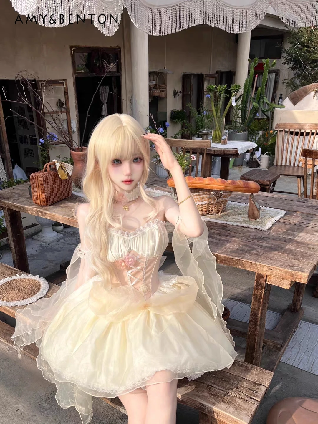 

Summer New Princess Style Sweet Girl Yellow Floral Applique Tube Top Mini Lolita Dress with Trailing Sleeves and Neck Ring Set