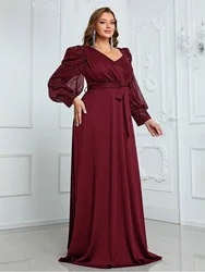 Plus Size V Neck Burgundy Long Sleeve Floor Floor Banquet Stretchy Evening Gown 4xl Big Size Women's Elegant Luxury Dress