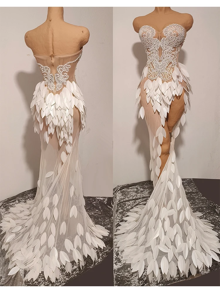 

High Split 3d Designer Custom Pearl White Fishtail Dress See Thought Club Outfit Performance Drag Queen Dance Stage Catwalk Show