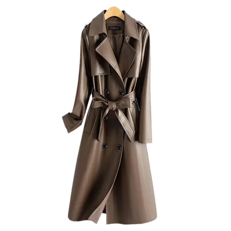 2025 streetwear lederen trenchcoat dames x-lange windjack lente herfst double-breasted sjerpen slanke pu lederen bovenkleding
