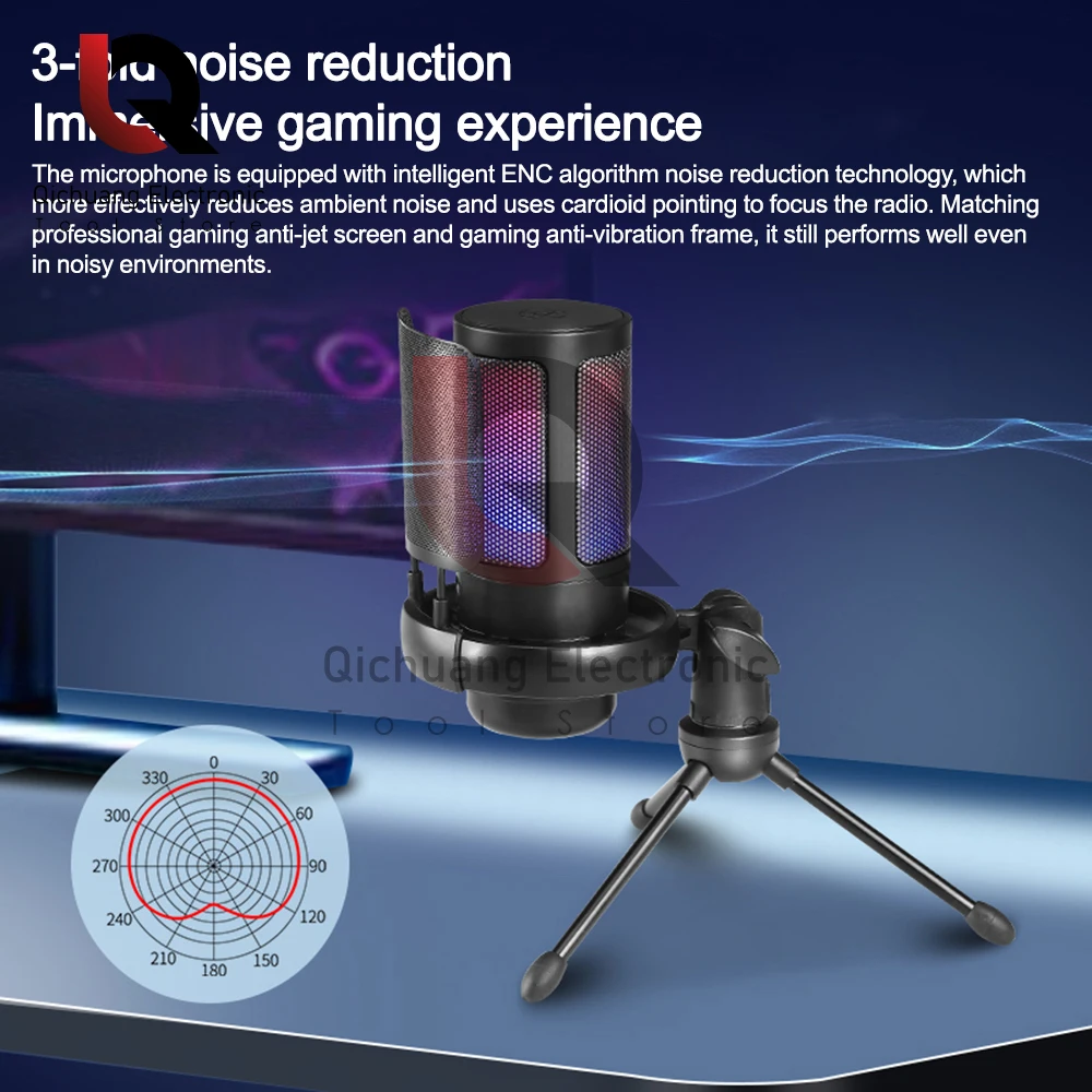 USB Condenser Gaming Microphone for PC PS4 Phone with Touch Mute Singing Noise Reduction RGB Lighting Capacitor Microphone Set