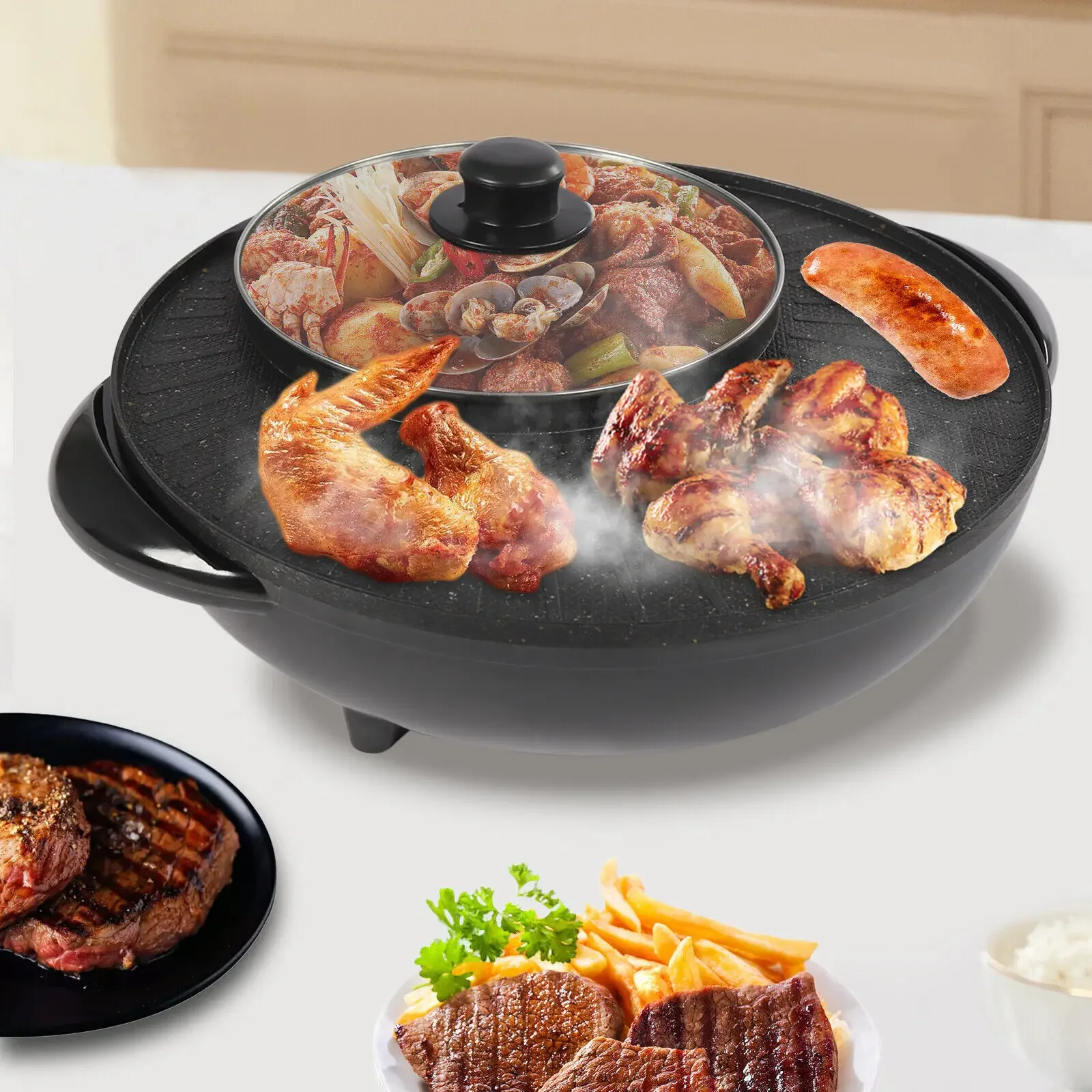 

Hot Pot Grill 2 in 1 Multifunctional Smokeless Korean Style Barbecue Grill Indoor Electric Hotpot Grill Combo Non-stick 110V