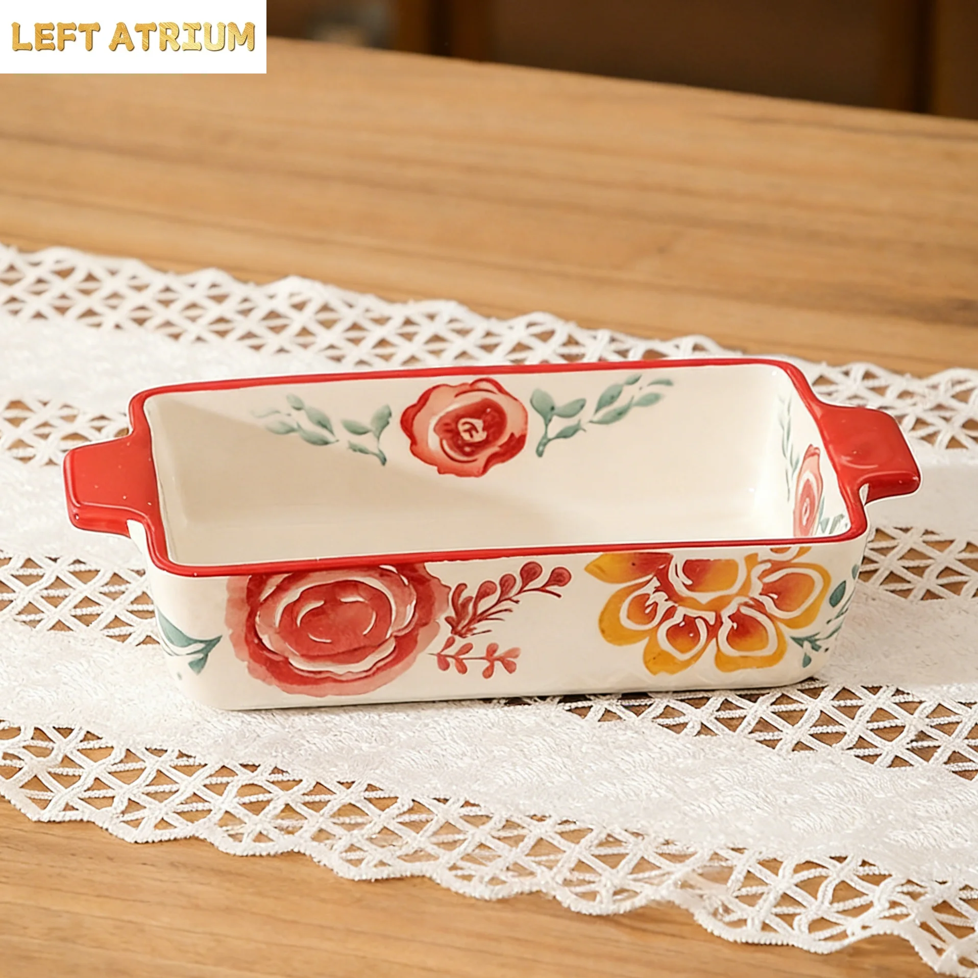 Underglaze Floral Pattern Rectangular Ceramic Baking Dish - Oven-Safe for Lasagna Chicken Wings Baked Rice Kitchenware