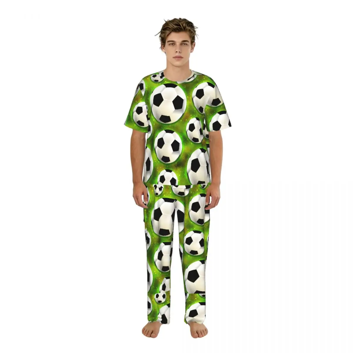 Men's Pajamas Set Summer Short-Sleeve Tops + Long Pants Nightwear Home Wear Suits Soccer Ball Football Pattern Sleepwear