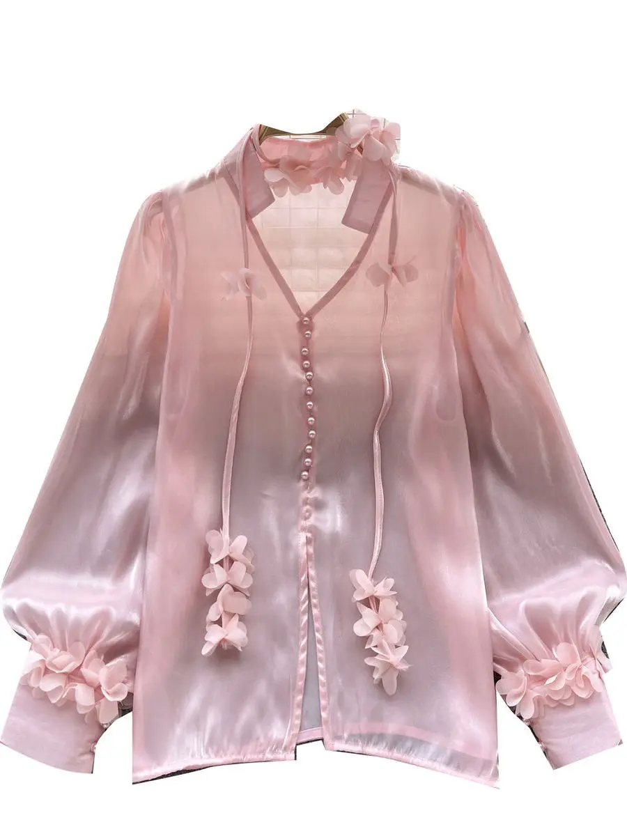 

Ele Satin Long Sve irt for Women with Sa Korean Sle Commute Wind Breathable Polyester Fiber Regular Sve Length