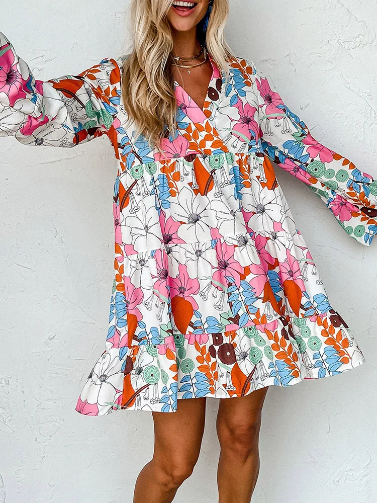 GypsyLady Floral Chic Tiered Loose Dress Spring Autumn Flower V-neck Long Flare Sleeve Sexy Holiday Party Women Ladies Dress New