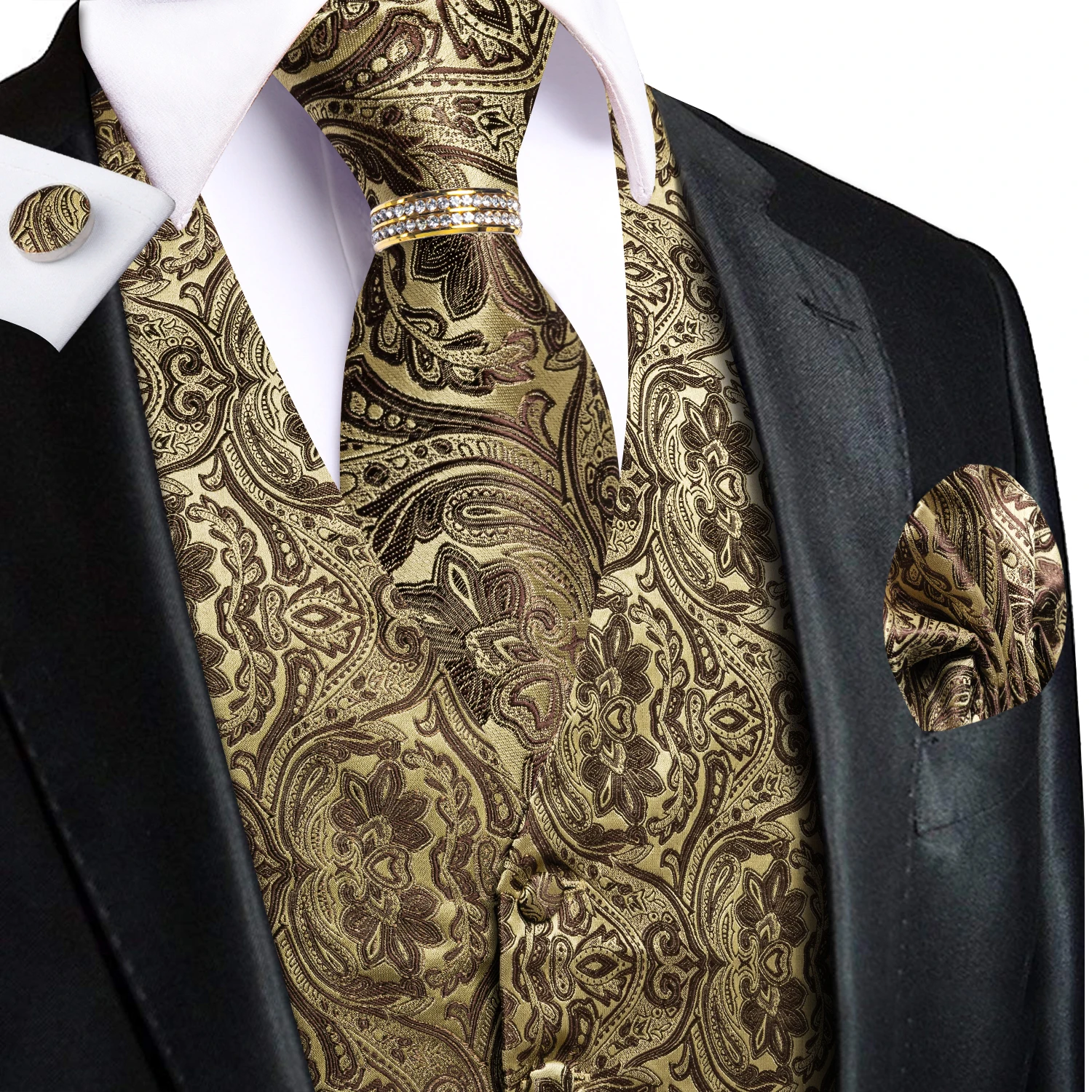 Gold Brown Paisley 5-Piece Waistcoat Set for Men, Vest Tie Handkerchief Cufflinks Ring, Gentleman Suit Accessories