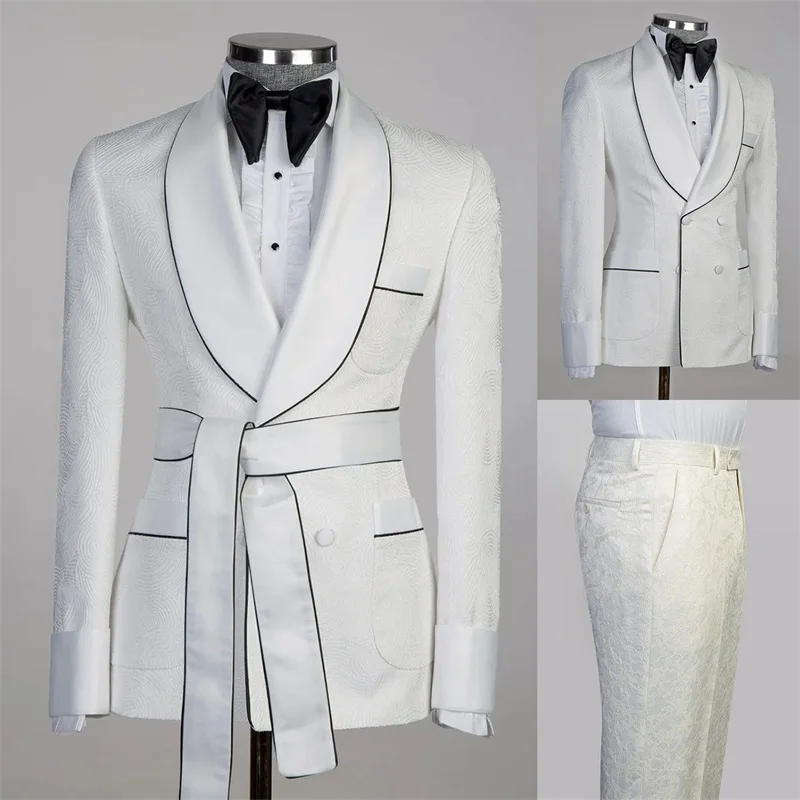 Jacquard Men Suits Set Blazer+Pants 2 Pcs Formal Wedding Tuxedos Office Jacket With Belt Groom Outfit Prom Coat Tailor Made