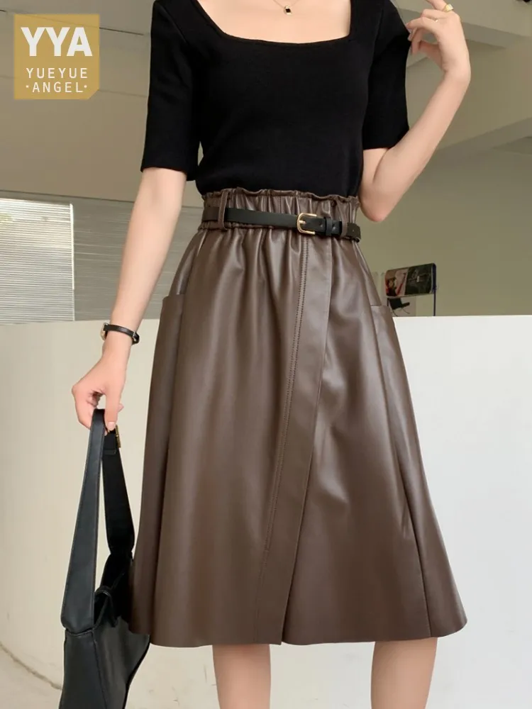 

Elegant Women Spring Elastic Waist Knee Length Sheepskin Genuine Leather Skirt OL Autumn Vintage A Line Real Leather Mid Skirts