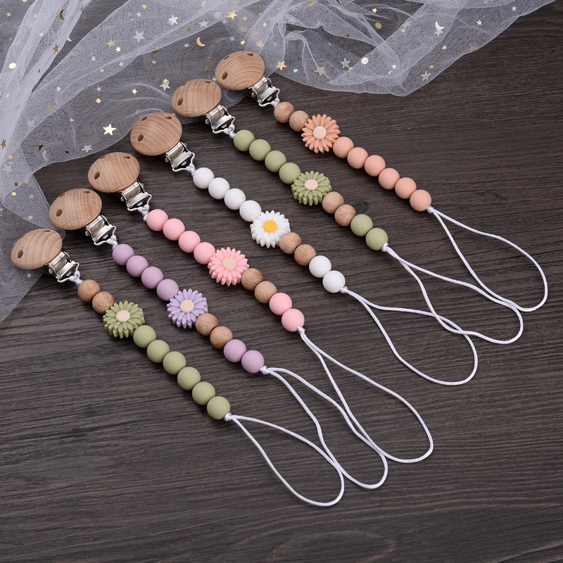 Baby Beech Round Wooden Clips Flowers Silicone Beads Pacifier Chain For Teether Nursing Toys Handmade Dummy Holder BPA Free