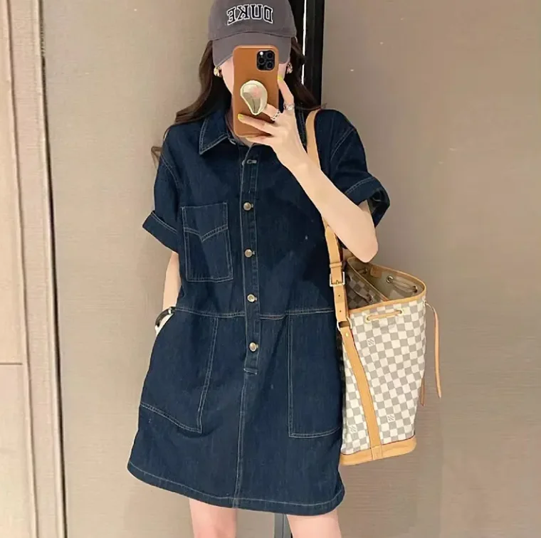 2024 Summer Loose and Slimming Dress Women\'s European Fashion A Line Vintage Casual Denim Short Sleeve Shirt Dress G167