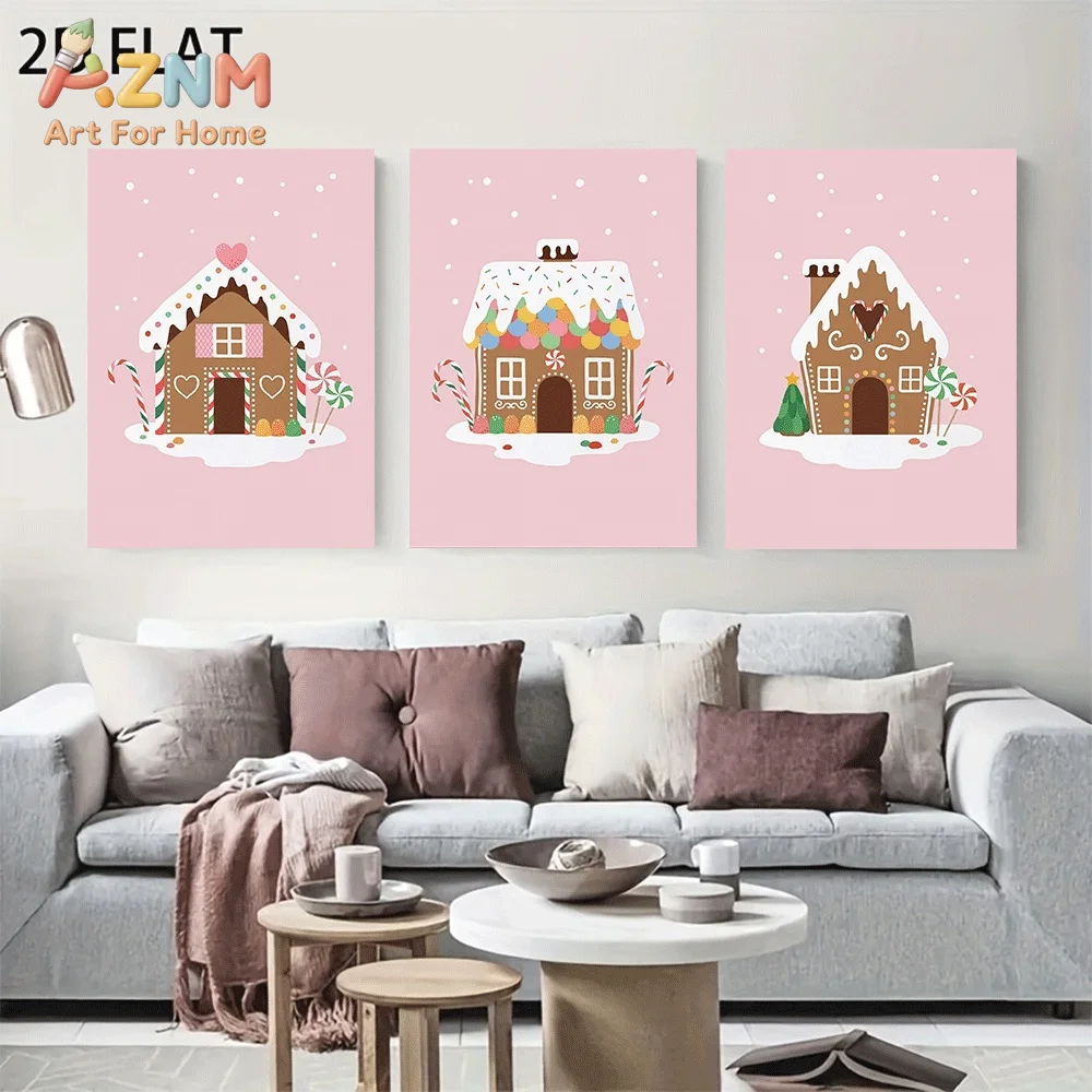 AZNM Pink Background Christmas Gingerbread House Canvas Wall Art, Cute Candy Cane Xmas Cartoon Style Print Painting for Girls Ro