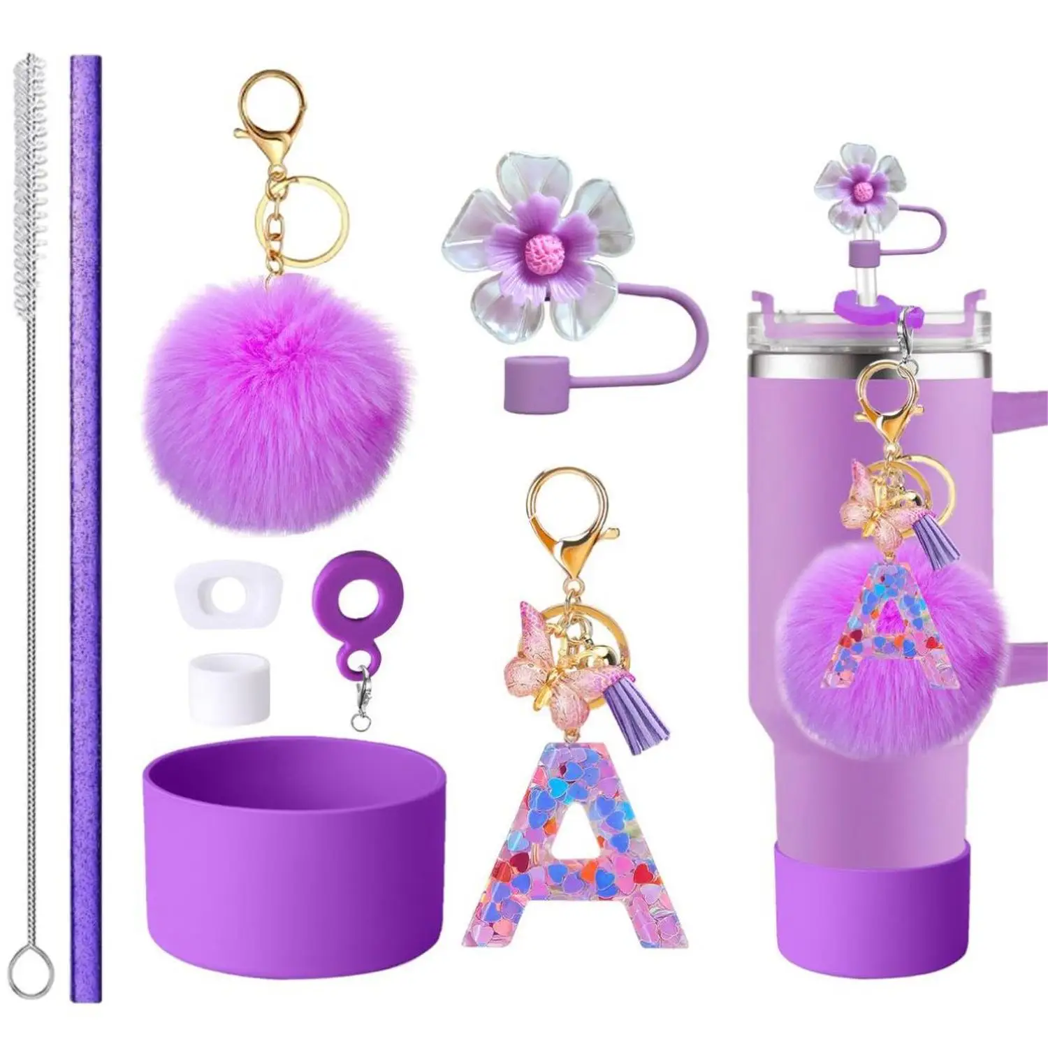 Cross-Border for Stanley Accessory Kit - Straw Caps Cleaning Brush Cup Sleeves Chain Ins-Style Heart Design for Beverage Contain