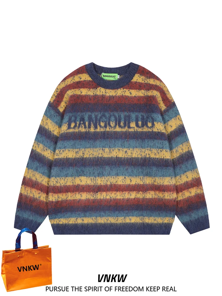 

Мужской осенне-зимний трикотажный свитер с круглым вырезом и вышивкой в американском уличном стиле, свободного кроя, для пар, в стиле кэжуал