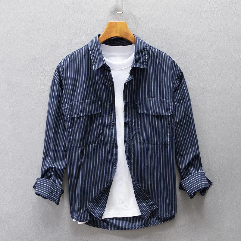 Japanese Cargo Shirt Men Autumn New Cotton Blue Stripe Lapel Loose Multi-pocket Long Sleeve Shirt Casual Streetwear Cardigan Top