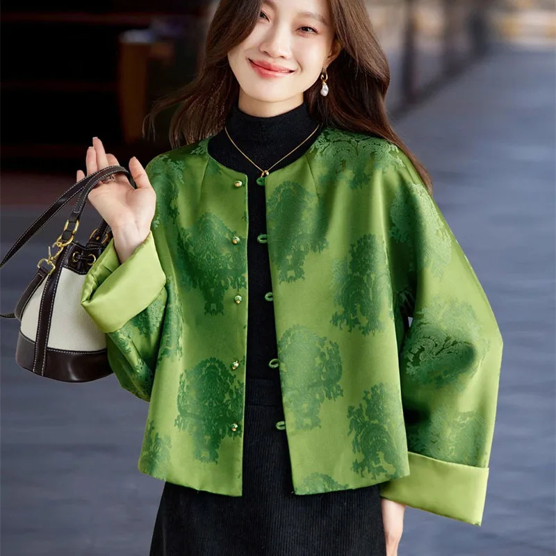 spring autumn New Chinese style green jacket  women's 2026 popular retro round neck jacquard short top coat Female Outerwear