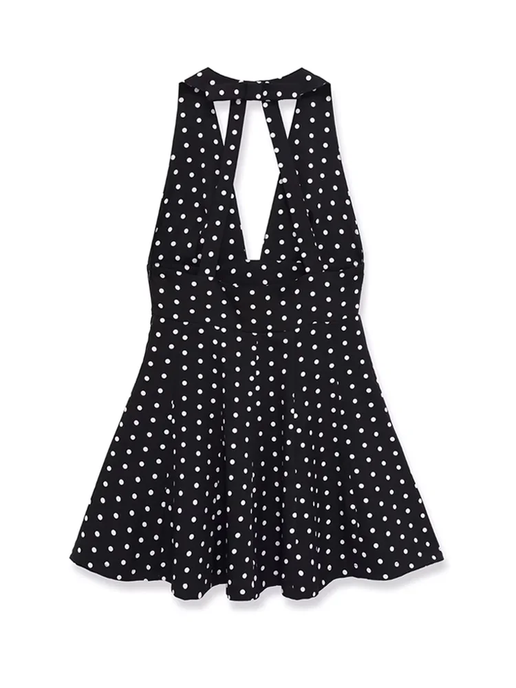 فستان نسائي قصير برقبة رسن منقط بتفاصيل فيونكة بدون ظهر فساتين حفلات صيفية غير رسمية