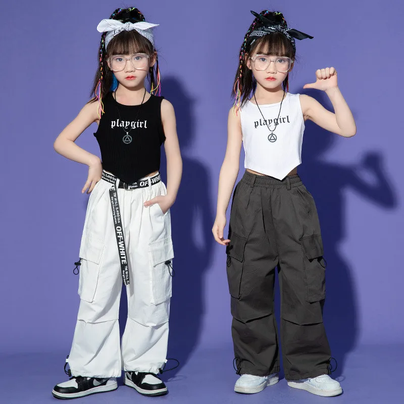 Kids Cool Hip Hop Clothing Ribbed Crop Tank Top White Casual Wide Street Pocket Cargo Pants for Girls Jazz Dance Costume Clothes