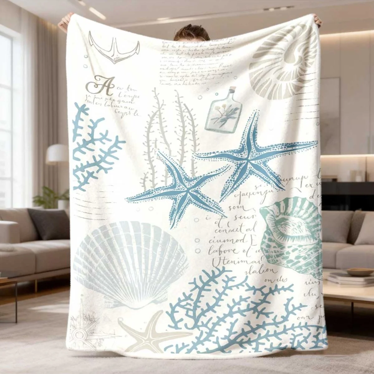 Soft Blue White Sea Star Shell Coral Pattern Flannel Throw Blanket Nautical Themed Cover for Couch Indoor Beach Room Decor