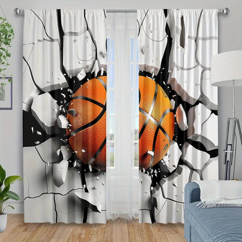 3D Basketball Curtain, Broken Wall Effect Window Drape Sports Theme Decor Gym Boy Room Textile Orange Ball Print Home Furnishing