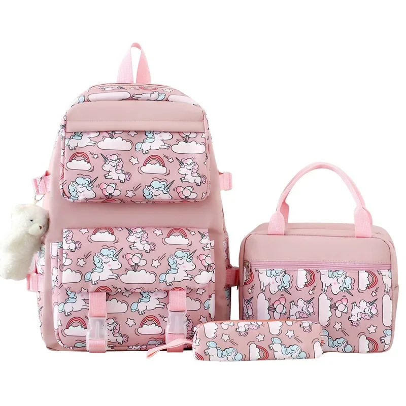 Cute Printed Girl Backpack Bento Bag Three Piece Set Student Large Capacity Cartoon Backpacks School Bags Mother Kids Bags Girl