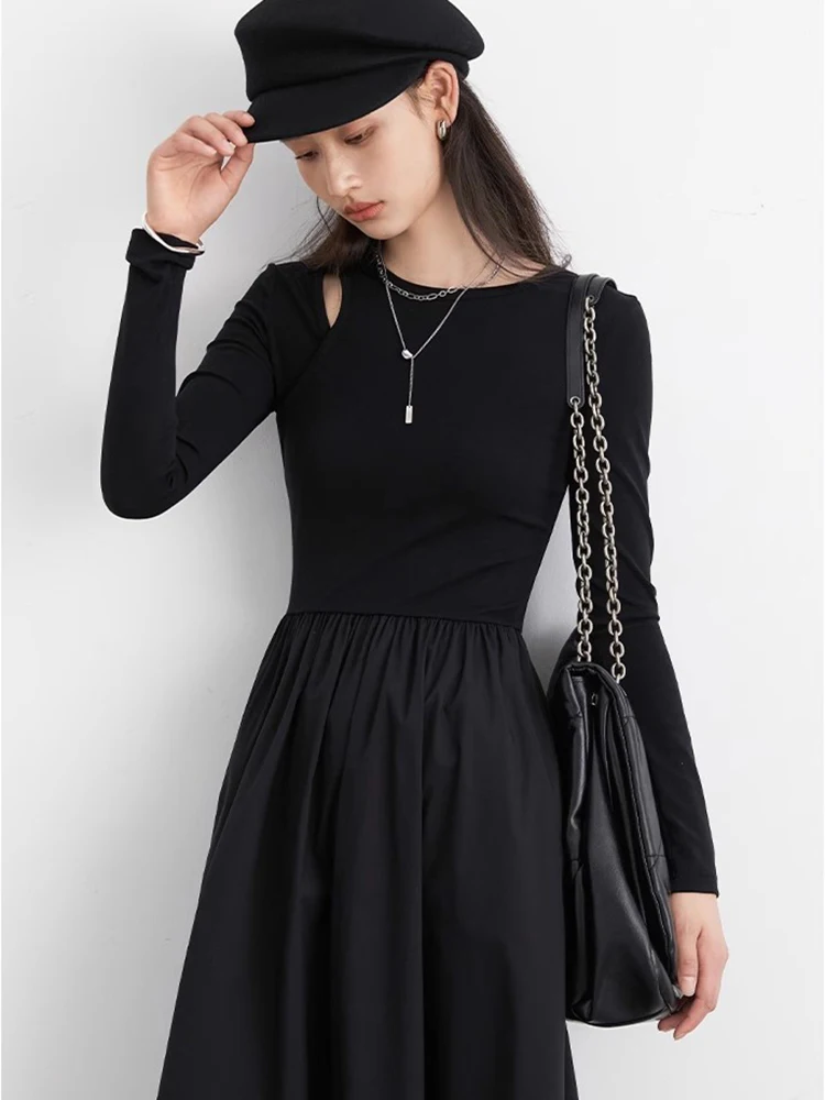 CHIC VEN Korean Black Women Dresses Loose Hollowed Out A Line Slim Knitted Long Skirt Female Pullover Dress Autumn 2024