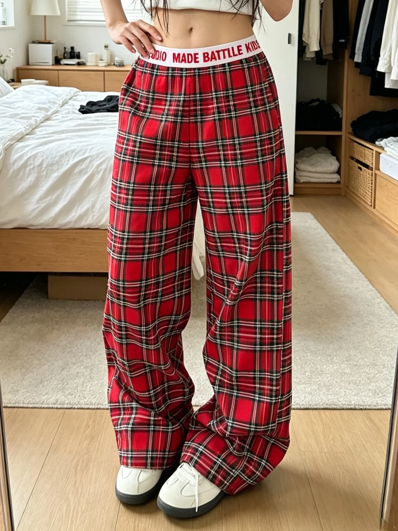 American Retro Plaid Casual Pants Women Summer New Design Loose Wide Leg Draping Pants Asymmetrical Pocket Natural Waist