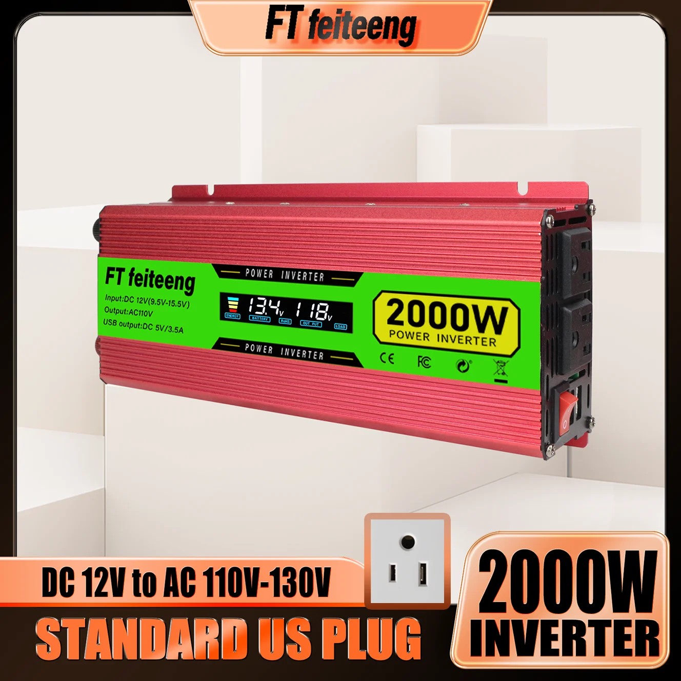 

FT feiteeng 2000W Power Inverter 12V to 110V US Plug for Solar Generator Off Grid Power with LCD Display