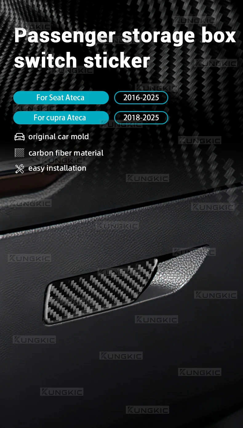 Echter, weicher Carbonfaser-Aufkleber für SEAT Ateca 5F 2016-2025 und für Cupra Ateca 5F 2018-2025, LHD RHD, Zierleiste für die Ablagebox im Fahrer- und Beifahrersitz – Detail 1