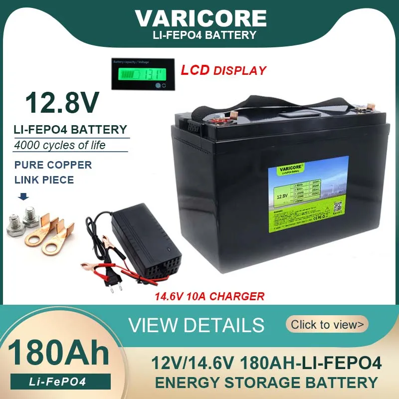 12.8V 180AH LiFePO4 Battery 12V 4s LED display Lithium Power Batteries For Campers Golf Cart Off-Road Solar Wind Energy storage