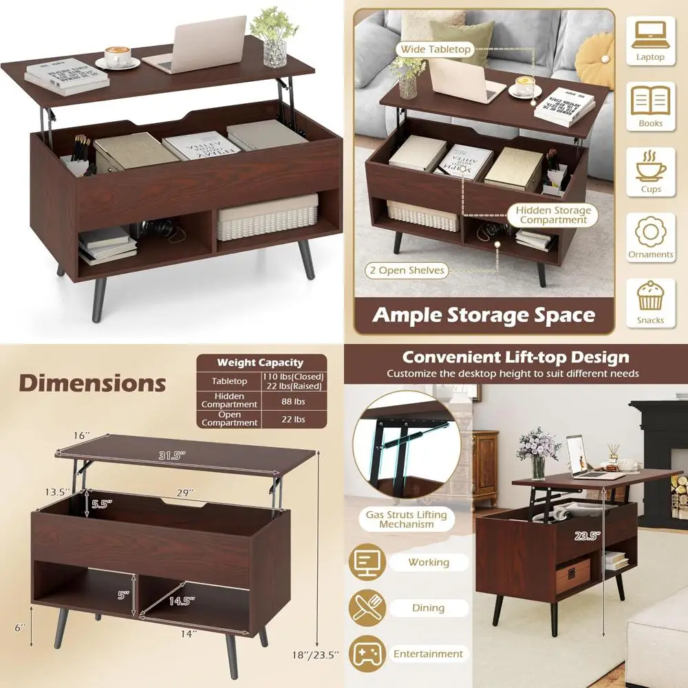 

Modern Lift Top Coffee Table with Hidden Storage and 2 Shelves, Wooden Pull Handle, Contemporary Cocktail Table for Living Room