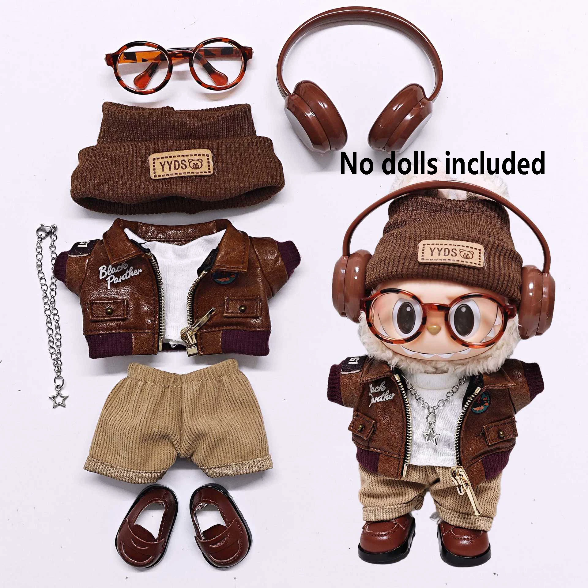 Voor Labubu Hoogwaardige Poppenkleertjes 15 cm-17 cm Modieuze Retro Leren Jas 8-set Labubu Universele Kleding