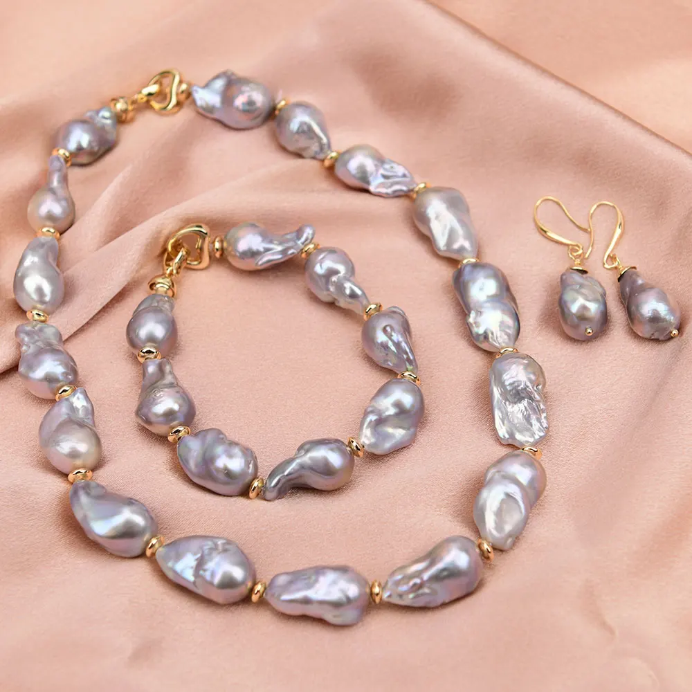 

Cultured Natural Gray Keshi Baroque Pearl Necklace Bracelet Earrings Sets