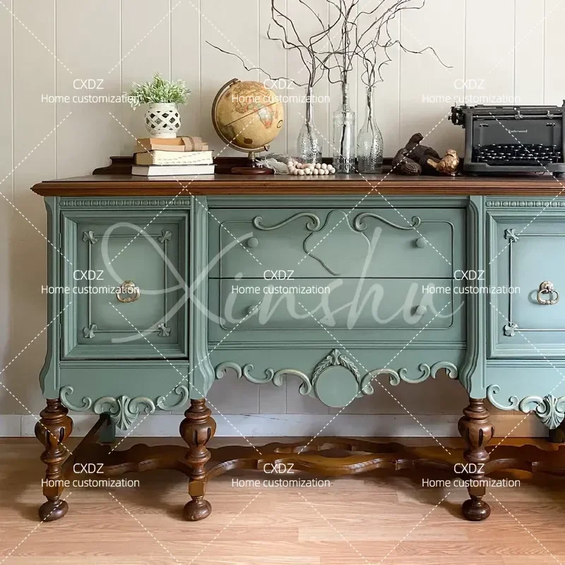 Retro Contrasting Color Solid Wood Dining Side Cabinet Integrated Locker Wall Mounted Living Room Decorative Cabinet Entrance