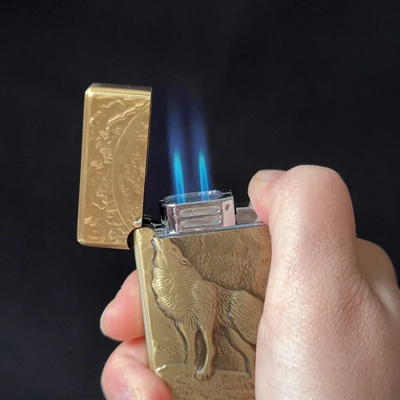 Metal Lighter Retro Series Engraved Wolf Butane Cigarette Accessories Windproof Refillable Gas Jet Lighter Gadget Men Gift